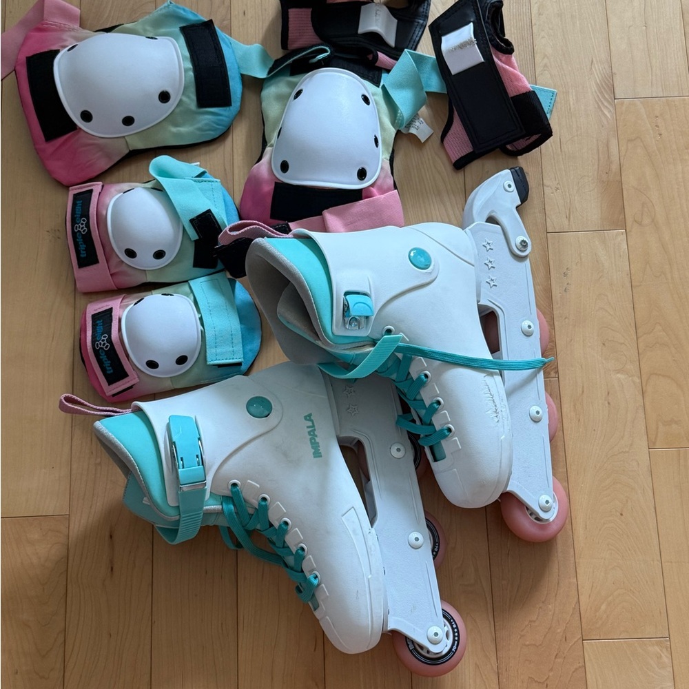 Stylish Impala Roller Skates (women’s size 8) with Protective Gear